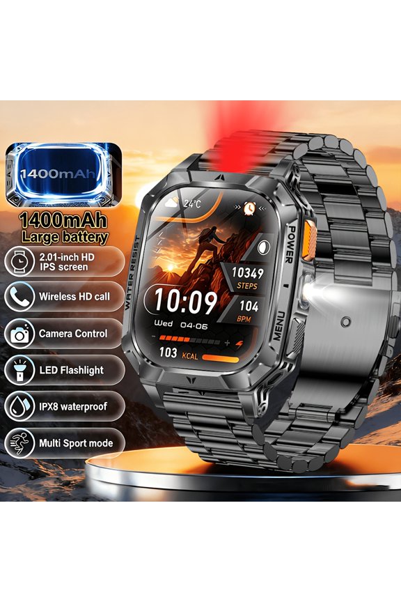 New Smart Watch, 1400mAh Super Large Battery, 100 Days Standby, 2.01" Full Touch Screen, IPX8 Waterproof, Red & White LED Flashlight, Wireless Call, 120+ Sports Modes, Fitness Tracker for iPhone iOS