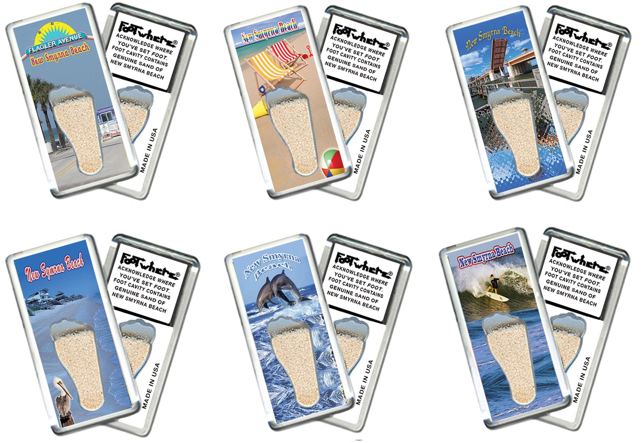 New Smyrna Beach FootWhere Souvenir Fridge Magnets. 6 Piece Set. (NSB200 - Assorted)