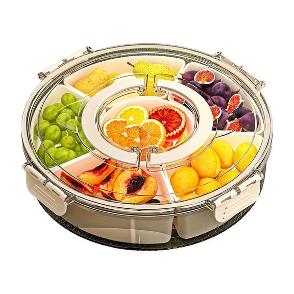 New Snack Tray - 360° Rotatable Multi-Compartment Storage Container with Lid Food Safe Plastic For Nuts, Fruits, Candies and Chips - Great for Home, Party, Wedding, Festival Stackable Fridge