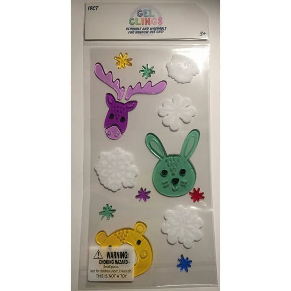 New Snowflake Winter Animals Rabbit Reindeer Bear Window Gel Clings 19 Ct Decor
