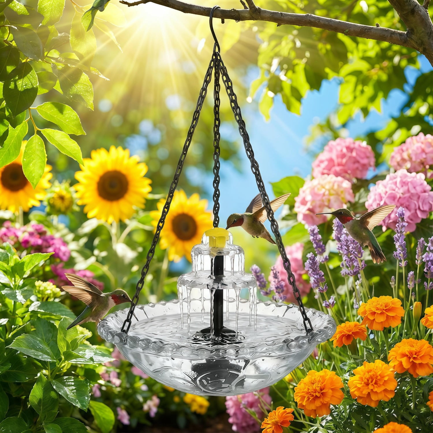 New Solar Cascade Hanging Bird Bath Fountain – Upgraded Outdoor Water Feature with Flowing Water, Solar Powered, Easy Hang, for Garden Patio Backyard Lawn Decor