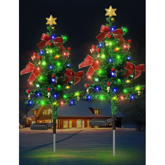 New Solar Garden Christmas Tree Stake Lights,2 Pack Solar Power Xmas Tree Pathway Lights, Solar Garden Decorative Yard Decoration