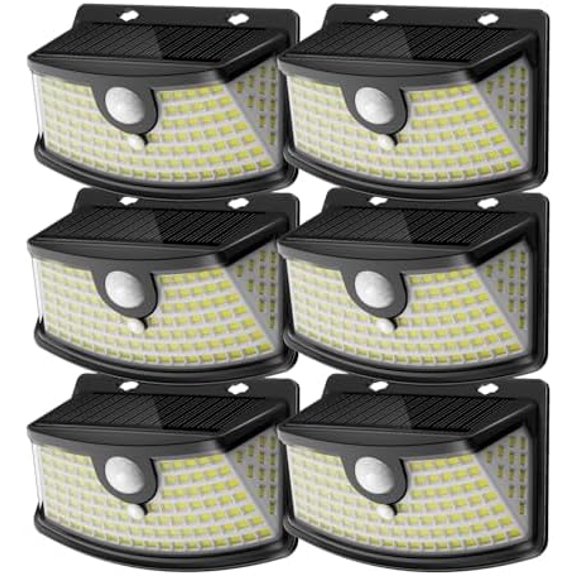 New Solar Motion Sensor Lights 120 LEDs with Lights Reflector,270° Wide Angle, IP65 Waterproof, Step Lights for Front Door, Yard, Garage, Deck (Black, Daylight White, 6-Pack)