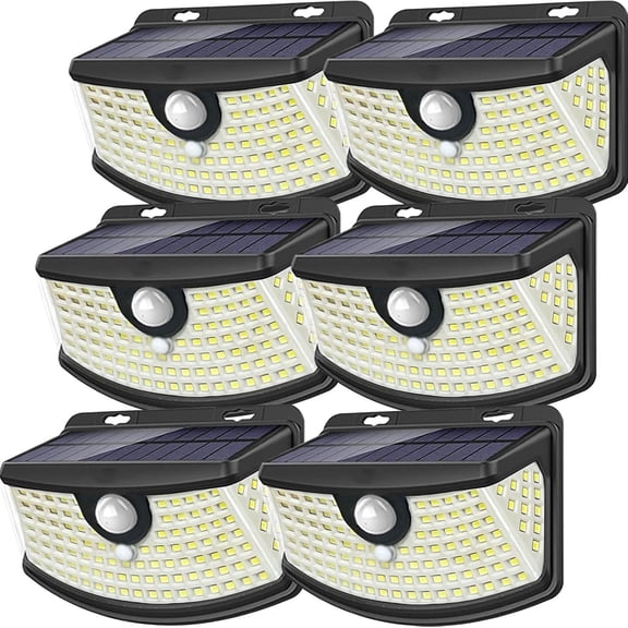 New Solar Motion Sensor Lights 120 LEDs with Lights Reflector,270 Wide Angle, IP65 Waterproof, Step Lights for Front Door, Yard, Garage, Deck (Black, Daylight White, 6-Pack)