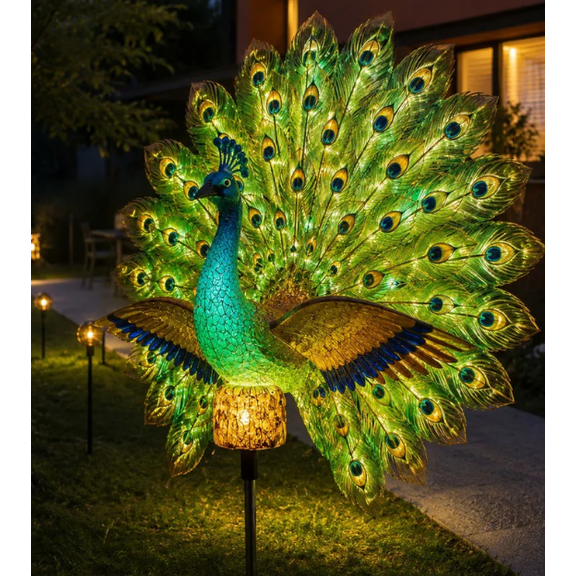 New Solar Peacock Garden Sculpture, Outdoor Decor Light with Auto-On LED, Dancing Tail Statue for Yard Patio Walkway Villa Landscape Decoration Gift