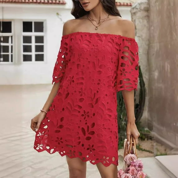 New Solid Color Strapless Short Dress Off-Shoulder Hollow Lace Dress