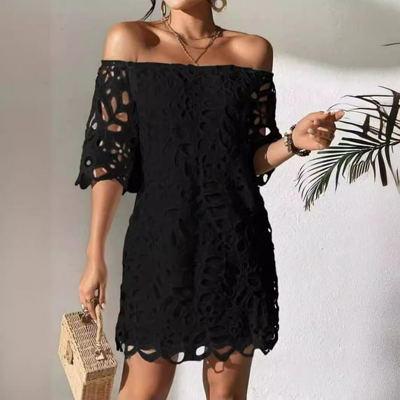 New Solid Color Strapless Short Dress Off-Shoulder Hollow Lace Dress
