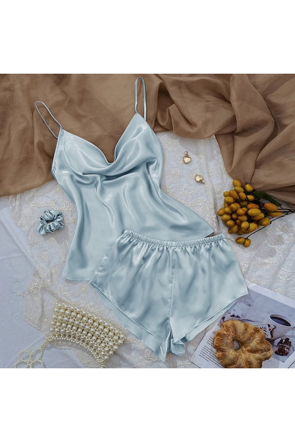New Solid Ice Silk Pajamas Women's Thin Home Suspender Shorts Set Sexy Light Two Piece Home Clothes Pajama Drama Women Bedhead Pajamas plus Size Sleepwear Tops for Women Short Silk Pajamas for Women
