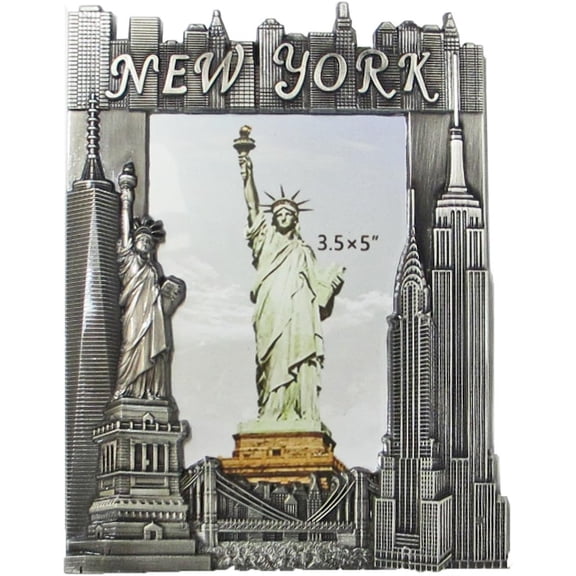 New Souvenir Metal Pewter Picture Frame with Statue of Empire State Building Freedom Tower NYC Skyline Fits 3.5x5 Photo