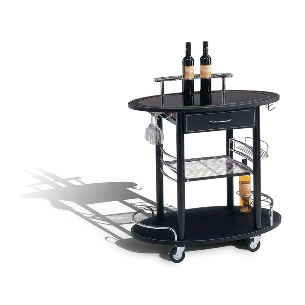 Chic Oval Black Glass Top Bar Cart with Wine Rack and Storage