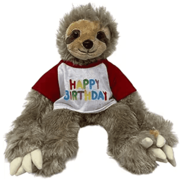 New Speedy the 8-inch Sloth Plush Toy in Happy Birthday T-Shirt with Red Sleeves - Cute and Soft Gift for Kids - Ideal Birthday Party Favor