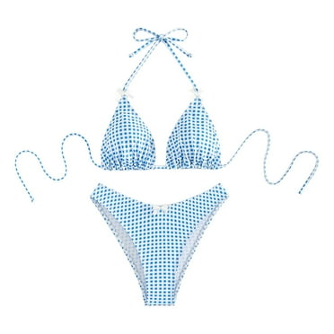 New Split Plaid Print Strappy Bikini