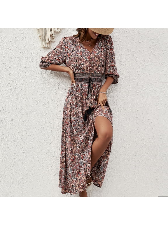 New Spring/Autumn Style Three-Quarter Sleeve Waist-cinching Bohemian Dress, Vacation Style Beach Dress
