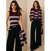 New Spring/Autumn Women's Vacation Wear Burgundy Striped Knit 2 Pieces Set Round Neck Cardigan And Camisole