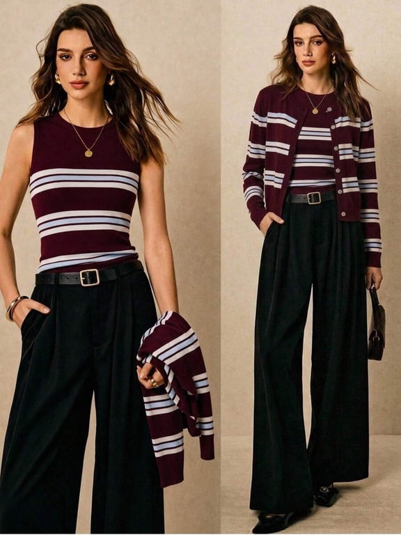 New Spring/Autumn Women's Vacation Wear Burgundy Striped Knit 2 Pieces Set Round Neck Cardigan And Camisole