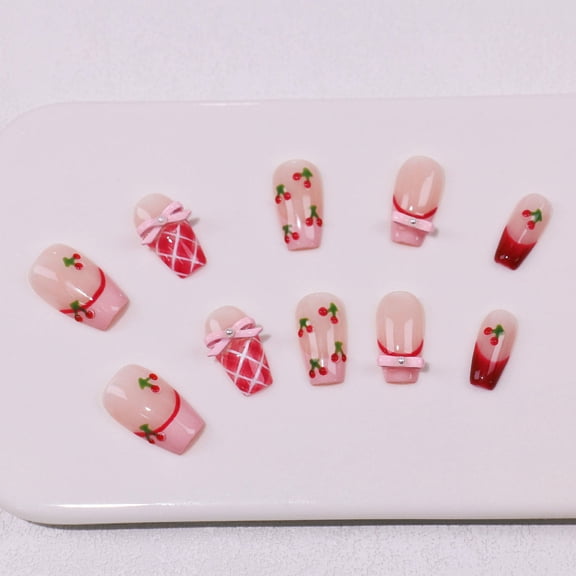 New Spring Cherry Handmade Nail Short Fake Nail Detachable Premium French Checked Bow
