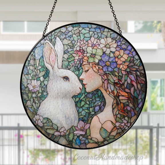 New Spring Equinox Stained Glass, Bunny Window Hanging, Spring SunCatcher Ostara, Pagan Spring Equinox Decor, Nature Lover Gift