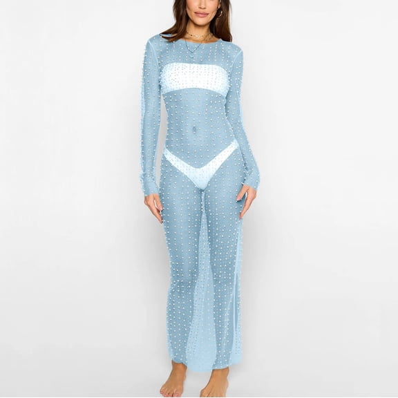 New Spring Fashion AXXD Women'S Swimwear Cover Ups Sexy Pearls Dress Cover Up Sheer Summer Beach Bikni Long Sleeve Hollow Out Mesh Long Maxi Dress