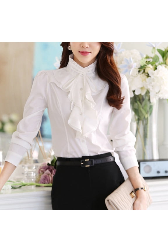 New Spring Korean Stand Up White Chiffon Shirt Women's Long Sleeve Slim Bottoming Shirt Fall Shirt for Women Lady Button down Blouses Womens Button Front Blouses plus Size Button down Shirt Short