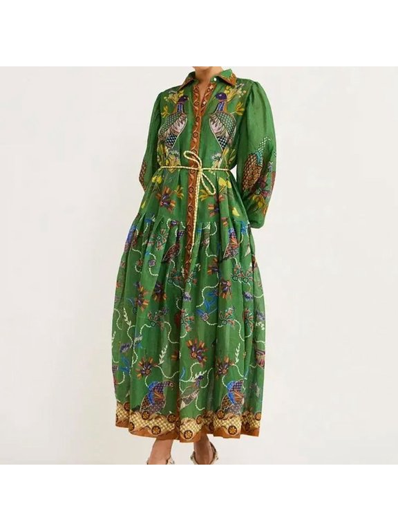 New Spring Style: Floral Print Lantern Sleeve Fitted Waist Long Sleeve Full Skirt Dress