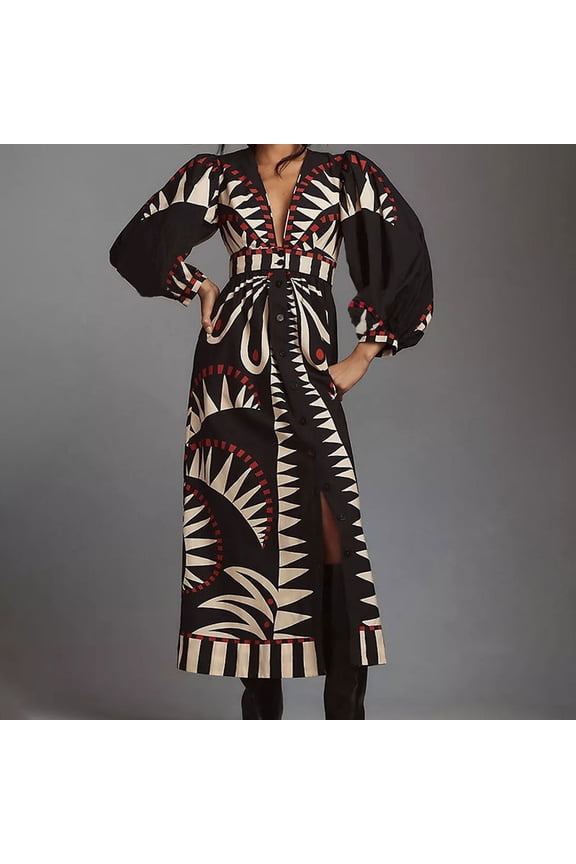 New Spring Style: Floral Print Lantern Sleeve Fitted Waist Long Sleeve Full Skirt Dress