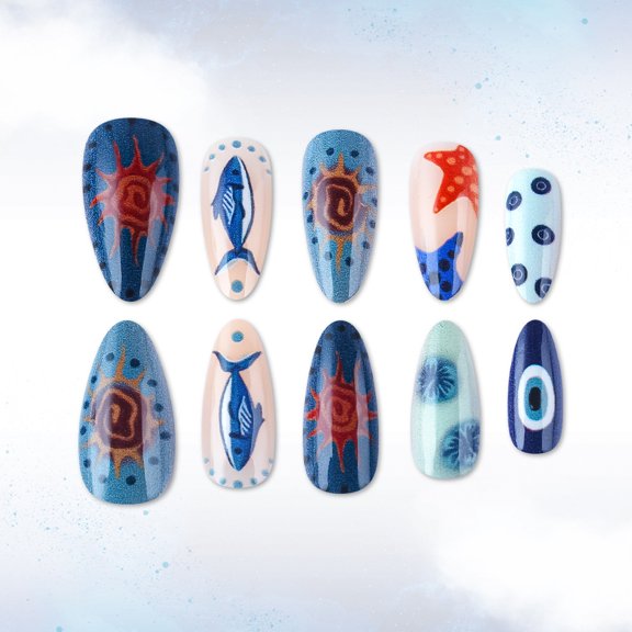 New Spring & Summer Collection Medium Almond Shape, Blue Ocean Style with Starfish Fresh Summer Elegant Nail Art 24-Piece Detachable Nail Tips