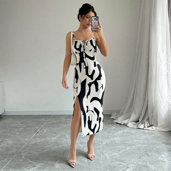 New Spring/Summer Elegant Cow Print Dress with Straps, Mid-Length Skirt