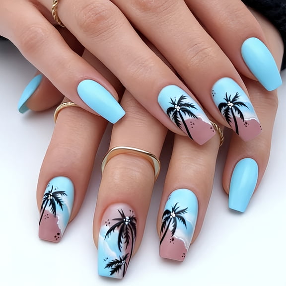 New Spring & Summer Long Coffin Nails, Summer Blue Beach Coconut Tree Ocean Color-Block Wearable Nails, 24Pcs Removable