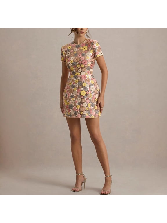 New Spring/Summer Short-Sleeve Sequined Round Neck Dress, Casual Party Dress for Women