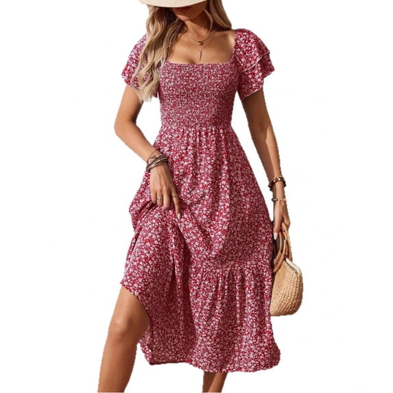 New Spring/Summer Short-Sleeved Square Neck Floral Dress