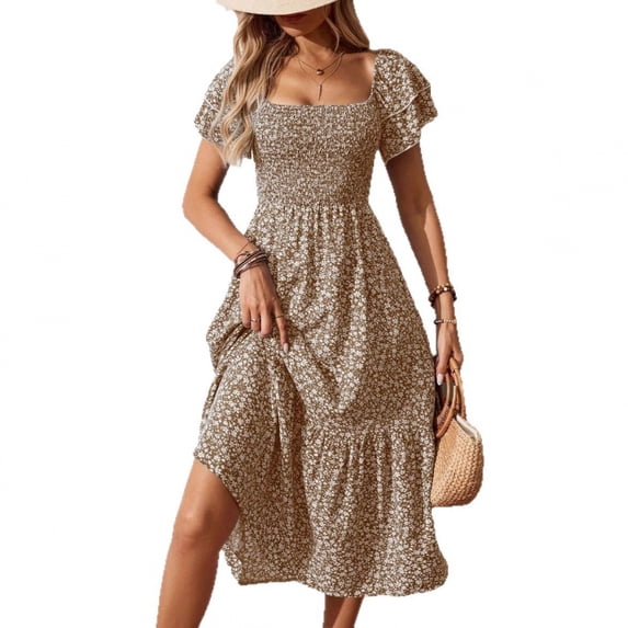 New Spring/Summer Short-Sleeved Square Neck Floral Dress