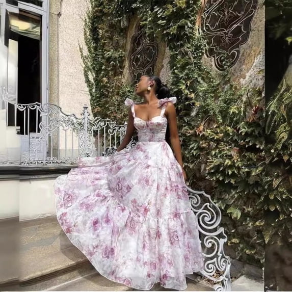 New Spring/Summer Sleeveless Fashion Floral Strapless Off-Shoulder Tie-Waist Flared Dress