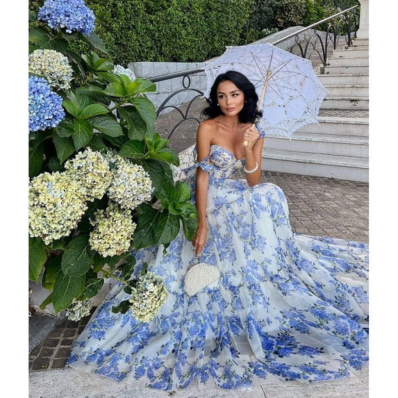 New Spring/Summer Sleeveless Fashion Floral Strapless Off-Shoulder Tie-Waist Flared Dress