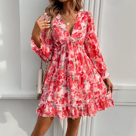 New Spring/Summer Women's Elegant Color-Blocked Print V-Neck Long-Sleeve Dress