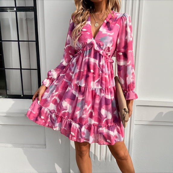 New Spring/Summer Women's Elegant Color-Blocked Print V-Neck Long-Sleeve Dress