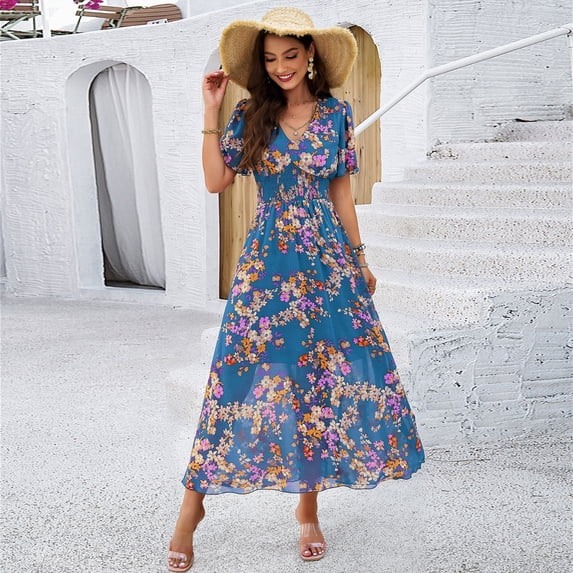 New Spring/Summer Women's Elegant Printed Waist-Slimming Short-Sleeve Dress