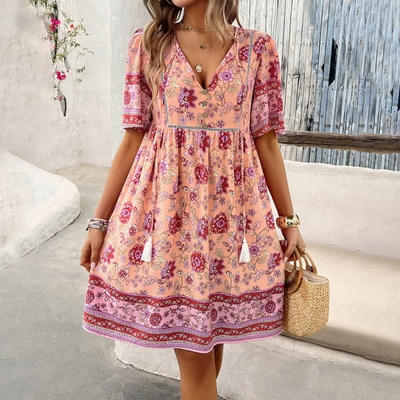 New Spring/Summer Women's Resort Printed Short-Sleeve Dress