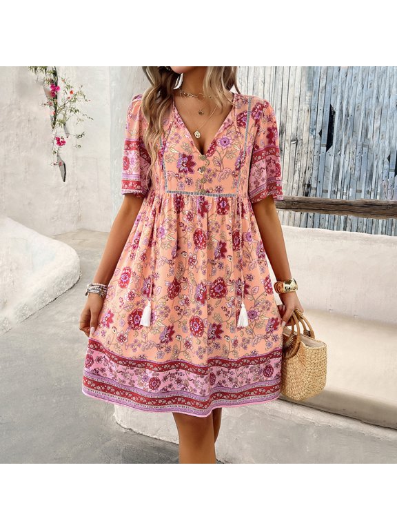 New Spring/Summer Women's Resort Printed Short-Sleeve Dress