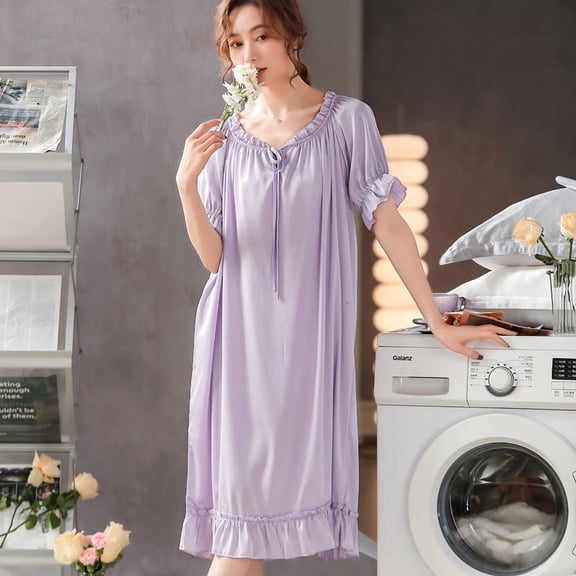 New Spring and Summer Silk Long Nightgown Princess Style Sweet Off-Shoulder Ruffle Nightwear Home Wear