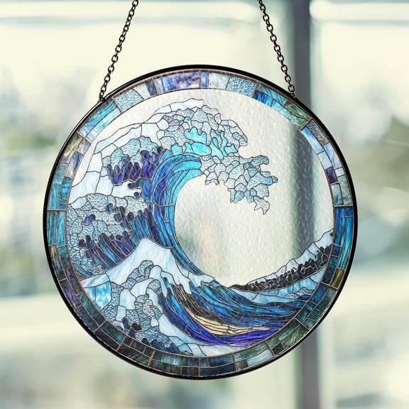 New Stained Glass Ocean Wave Panel, Ocean Suncatcher Gift, Summer Windows Decor, Blue Wave Ornament, Coastal Suncatcher, Beach Lover Gifts