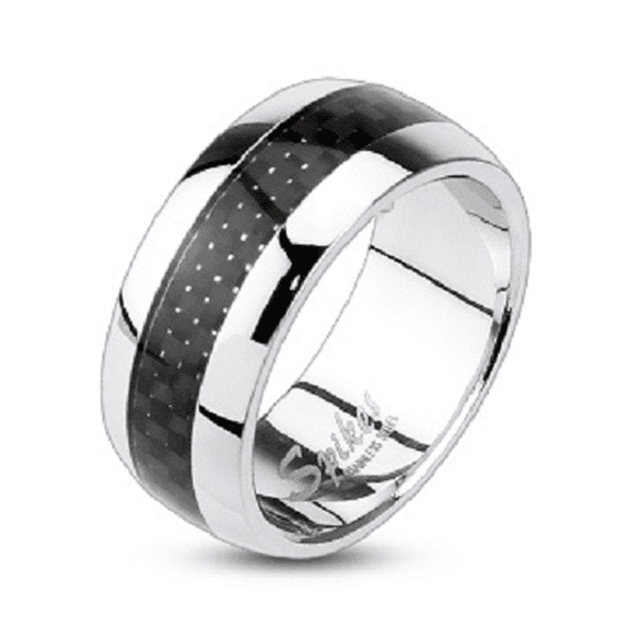 New Stainless Steel Couples Carbon Fiber Inlay Dome Band Ring  - Size 11