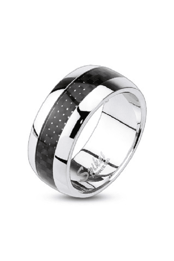 New Stainless Steel Couples Carbon Fiber Inlay Dome Band Ring - Size 11