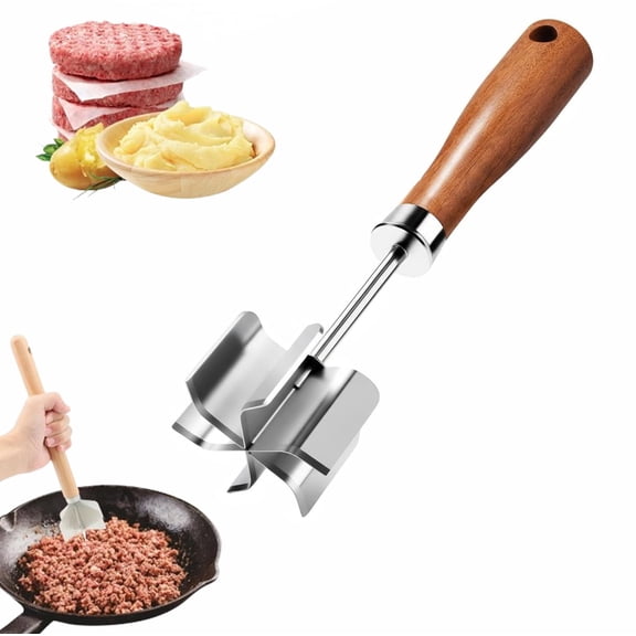 New Stainless Steel Meat Chopper, Natural Wooden Handle, Upgraded Six-Blade Head Wooden Metal Meat Ground Beef Masher for Kitchen Cooking Vegetable Puree