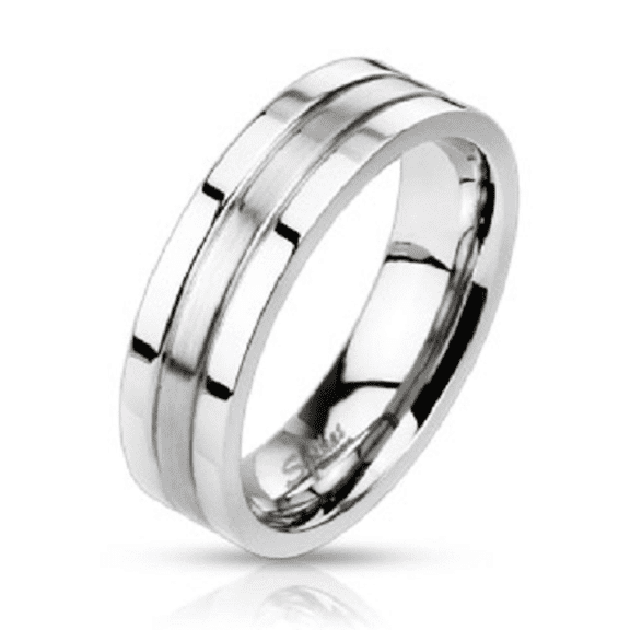 New Stainless Steel Shiny & Matte Grooved Band Ring - Size 12