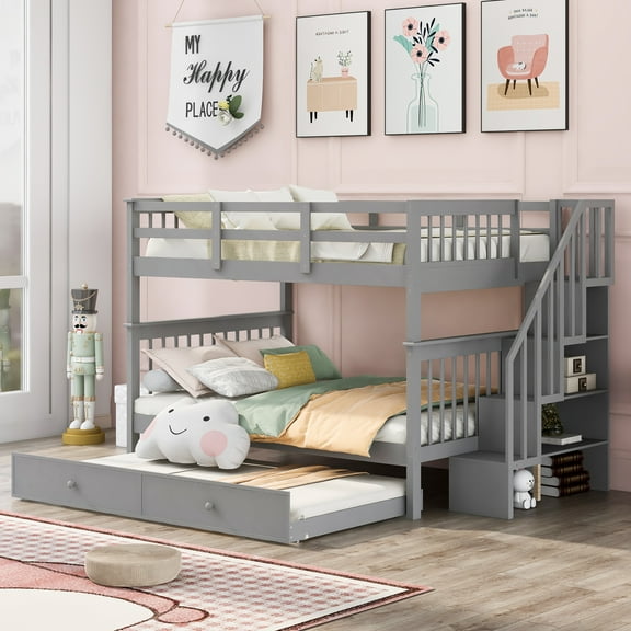 New Stairway Full-Over-Full Bunk Bed with Twin size Trundle, Storage and Guard Rail for Bedroom, Dorm - Gray