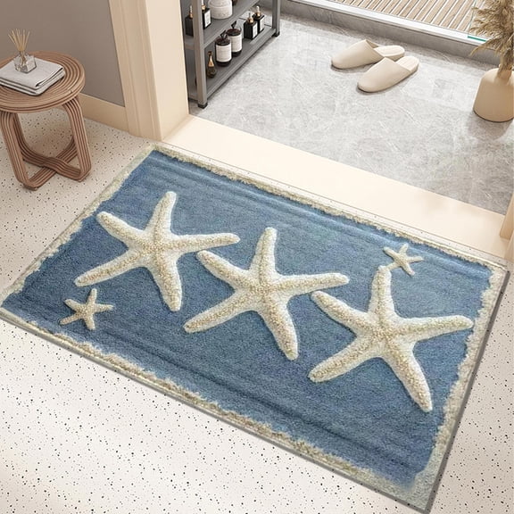 New Starfish Seashell Bath Mat Ocean Sea Theme, Soft and Absorbent Blue Bathroom Rugs Non-Slip Washable Beach Door Mat for Kitchen Entryway Decor ,15.75" W x 24.02" L,