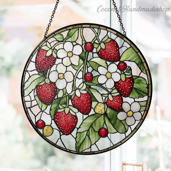 New Strawberry Branch Glass Suncatcher, Strawberry Window Hanging, Berry Lover Gift, Fruit Lover Gift, Garden Home Decor, Floral Suncatcher