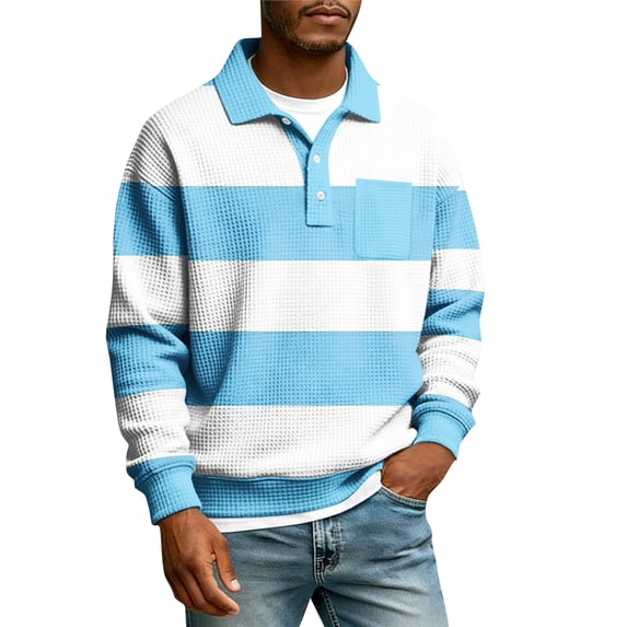 New Striped Graphic Polo Shirts For Men Fashion Spring Long Sleeve 3D Printed Golf Polo Shirts Casual Oversized Business Tops Comfortable Streetwear Sky Blue XL