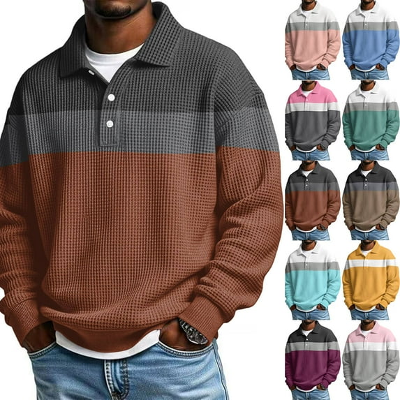 New Striped Waffle Knit Polo Shirt for Men Long Sleeve Textured Color Blocked Relaxed fit Collared Henley Casual Pullover T Shirt Brown 5XL