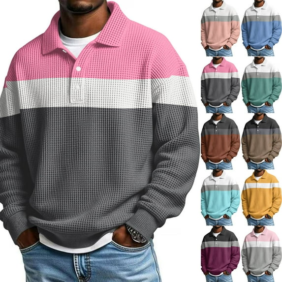 New Striped Waffle Knit Polo Shirt for Men Long Sleeve Textured Color Blocked Relaxed fit Collared Henley Casual Pullover T Shirt Dark Gray 4XL